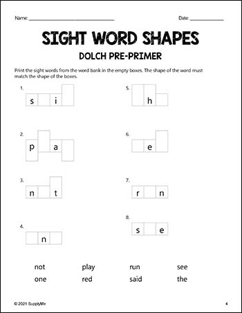 Pre-Primer Dolch Sight Words Worksheets - Word Shapes, 3 Variations, Pre-K
