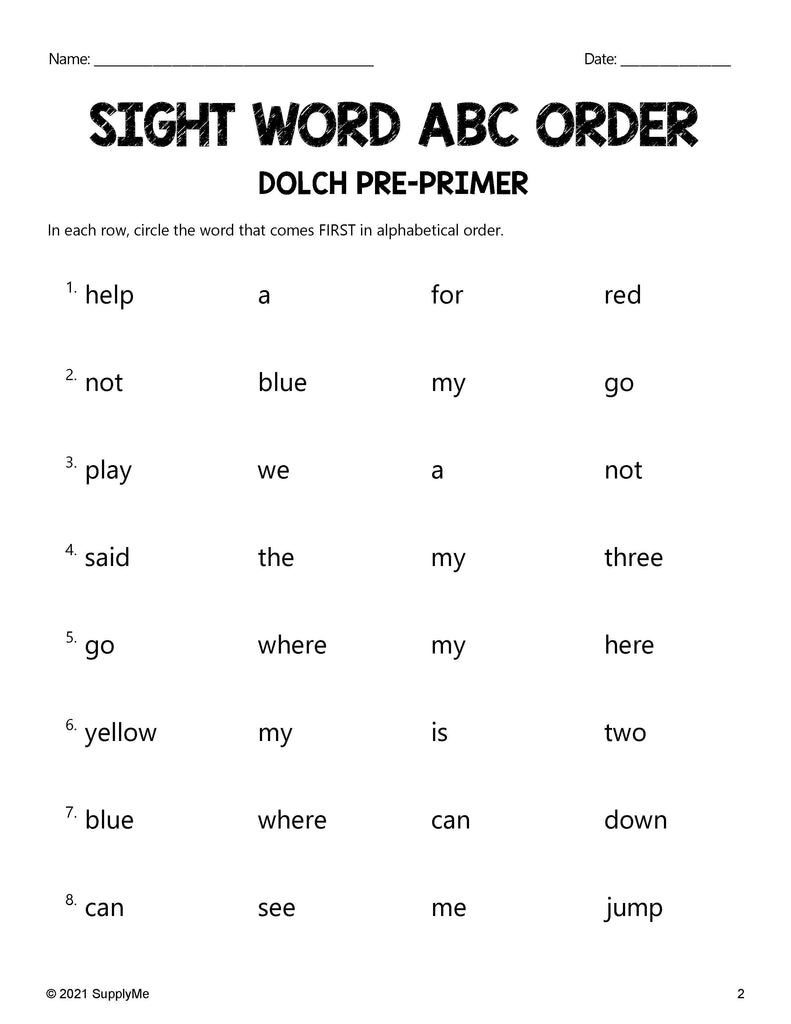 Pre-Primer Dolch Sight Words Worksheets - ABC Order, Pre-K
