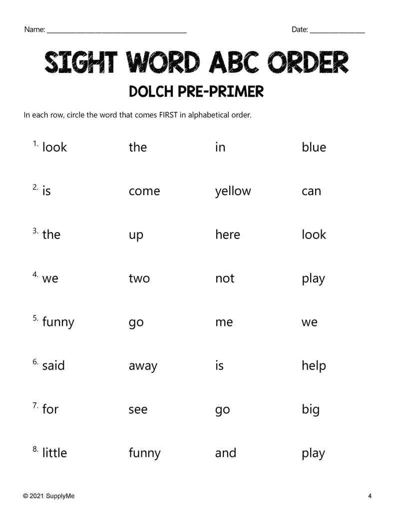 Pre-Primer Dolch Sight Words Worksheets - ABC Order, Pre-K