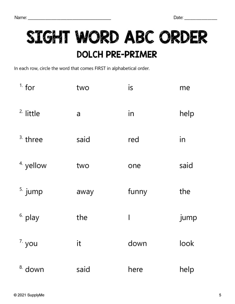 Pre-Primer Dolch Sight Words Worksheets - ABC Order, Pre-K