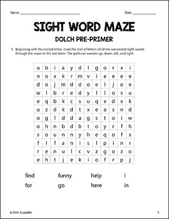 Pre-Primer Dolch Sight Words Worksheets - Sight Word Maze, Pre-K