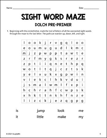 Pre-Primer Dolch Sight Words Worksheets - Sight Word Maze, Pre-K