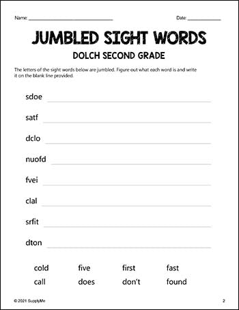 Second Grade Sight Words Worksheets - Word Jumbles, All 46 Dolch 2nd Grade Sight Words