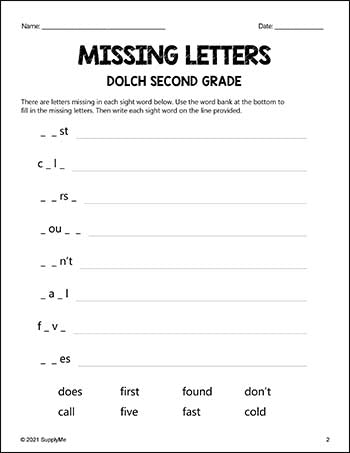 Second Grade Sight Words Worksheets - Missing Letters, All 46 Dolch 2nd Grade Sight Words