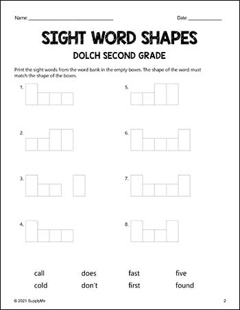Second Grade Sight Words Worksheets - Word Shapes, 3 Variations, All 46 Dolch 2nd Grade Sight Words