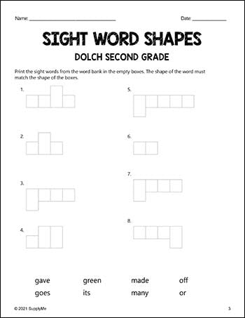 Second Grade Sight Words Worksheets - Word Shapes, 3 Variations, All 46 Dolch 2nd Grade Sight Words