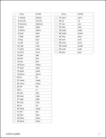 Second Grade Sight Words Bingo, All 46 Dolch 2nd Grade Sight Words