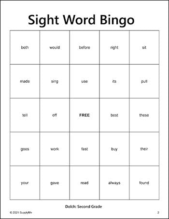 Second Grade Sight Words Bingo, All 46 Dolch 2nd Grade Sight Words