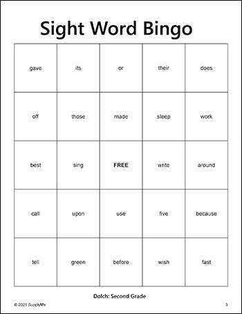 Second Grade Sight Words Bingo, All 46 Dolch 2nd Grade Sight Words