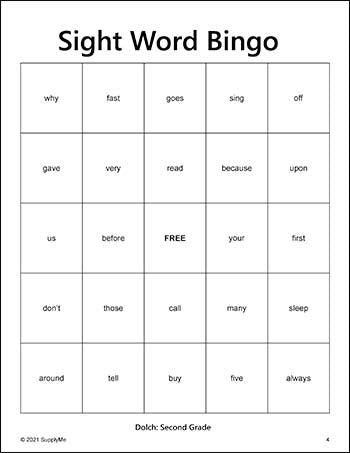 Second Grade Sight Words Bingo, All 46 Dolch 2nd Grade Sight Words