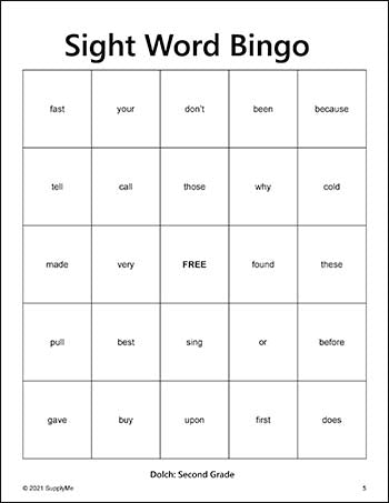 Second Grade Sight Words Bingo, All 46 Dolch 2nd Grade Sight Words