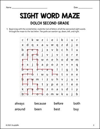 Second Grade Sight Words Worksheets - Sight Word Maze, All 46 Dolch 2nd Grade Sight Words