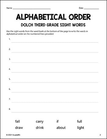 Third Grade Sight Words Worksheets - Alphabetical Order, All 41 Dolch 3rd Grade Sight Words
