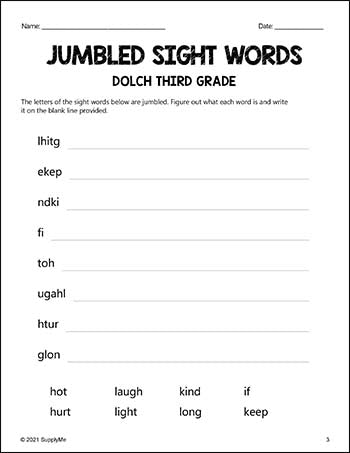 Third Grade Sight Words Worksheets - Word Jumbles, All 41 Dolch 3rd Grade Sight Words