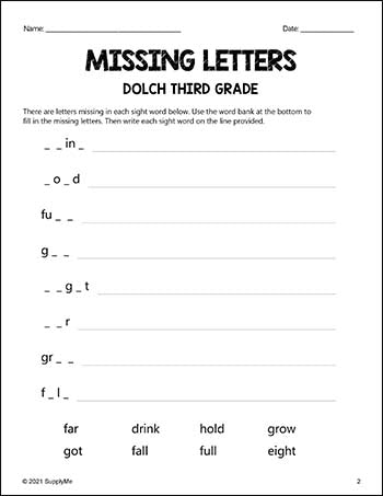 Third Grade Sight Words Worksheets - Missing Letters, All 41 Dolch 3rd Grade Sight Words