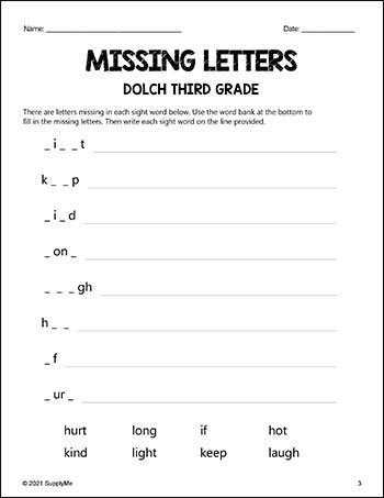 Third Grade Sight Words Worksheets - Missing Letters, All 41 Dolch 3rd Grade Sight Words