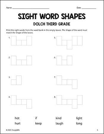 Third Grade Sight Words Worksheets - Word Shapes, 3 Variations, All 41 Dolch 3rd Grade Sight Words