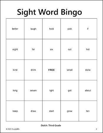 Third Grade Sight Words Bingo, All 41 Dolch 3rd Grade Sight Words