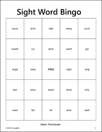 Third Grade Sight Words Bingo, All 41 Dolch 3rd Grade Sight Words