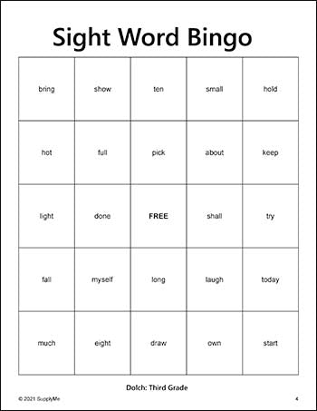 Third Grade Sight Words Bingo, All 41 Dolch 3rd Grade Sight Words