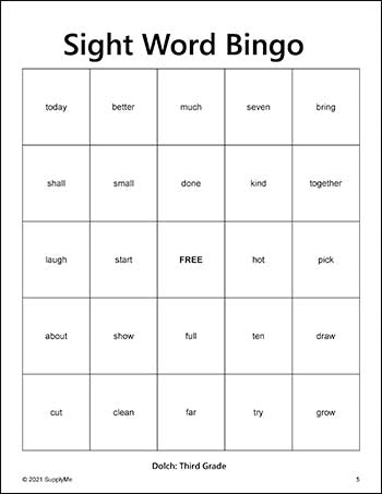 Third Grade Sight Words Bingo, All 41 Dolch 3rd Grade Sight Words