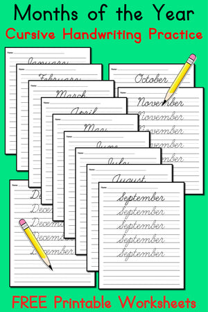 12 Months of the Year Cursive Handwriting Worksheets!