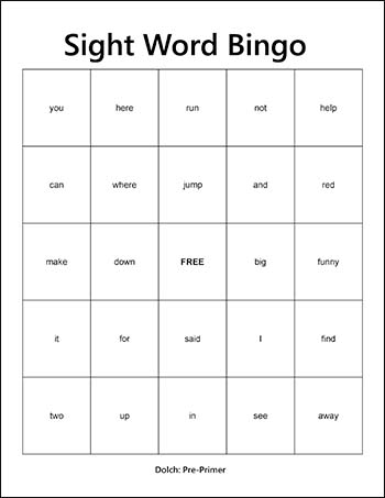 Pre-Primer Dolch Sight Words Bingo, Pre-K