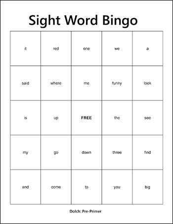 Pre-Primer Dolch Sight Words Bingo, Pre-K