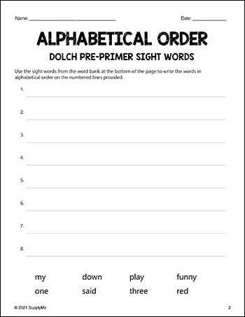 Pre-Primer Dolch Sight Words Worksheets - Alphabetical Order, Pre-K