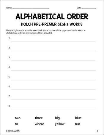 Pre-Primer Dolch Sight Words Worksheets - Alphabetical Order, Pre-K