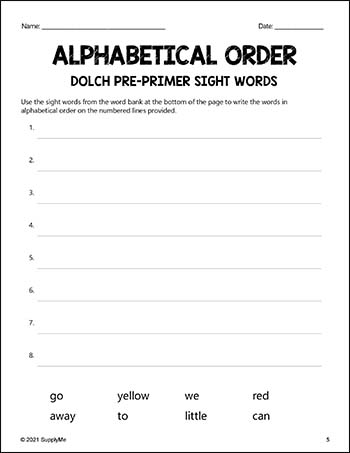 Pre-Primer Dolch Sight Words Worksheets - Alphabetical Order, Pre-K
