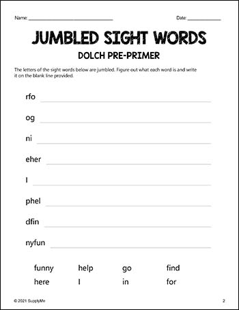 Pre-Primer Dolch Sight Words Worksheets - Word Jumbles, Pre-K