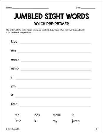 Pre-Primer Dolch Sight Words Worksheets - Word Jumbles, Pre-K