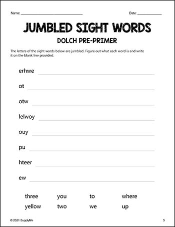 Pre-Primer Dolch Sight Words Worksheets - Word Jumbles, Pre-K