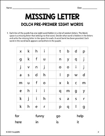 Pre-Primer Dolch Sight Words Worksheets - Missing Letter, Pre-K