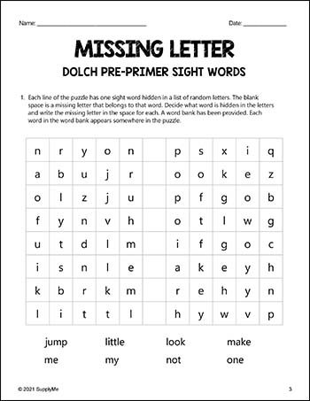 Pre-Primer Dolch Sight Words Worksheets - Missing Letter, Pre-K
