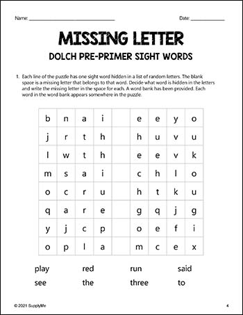 Pre-Primer Dolch Sight Words Worksheets - Missing Letter, Pre-K