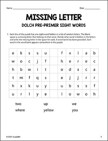 Pre-Primer Dolch Sight Words Worksheets - Missing Letter, Pre-K