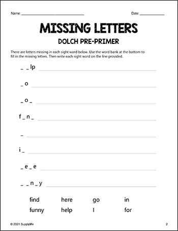 Pre-Primer Dolch Sight Words Worksheets - Missing Letters, Pre-K