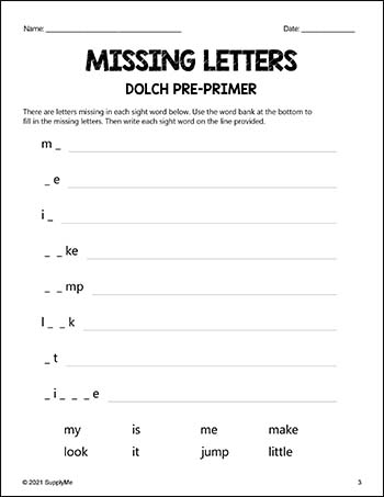 Pre-Primer Dolch Sight Words Worksheets - Missing Letters, Pre-K