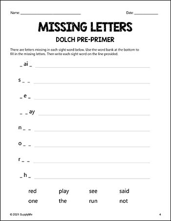 Pre-Primer Dolch Sight Words Worksheets - Missing Letters, Pre-K