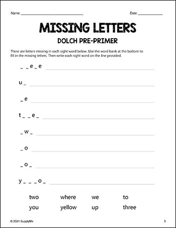 Pre-Primer Dolch Sight Words Worksheets - Missing Letters, Pre-K