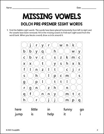 Pre-Primer Dolch Sight Words Worksheets - Missing Vowels, Pre-K