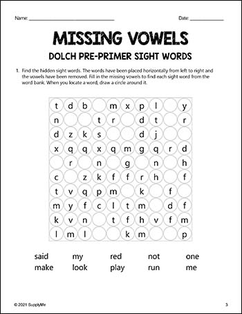 Pre-Primer Dolch Sight Words Worksheets - Missing Vowels, Pre-K