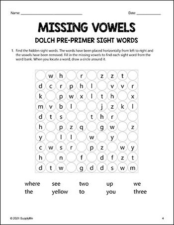 Pre-Primer Dolch Sight Words Worksheets - Missing Vowels, Pre-K