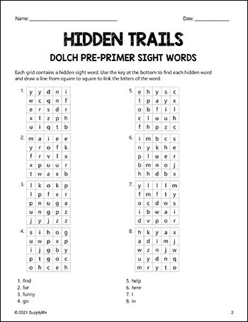Pre-Primer Dolch Sight Words Worksheets - Hidden Trails, 2 Variations, Pre-K