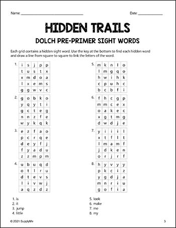 Pre-Primer Dolch Sight Words Worksheets - Hidden Trails, 2 Variations, Pre-K