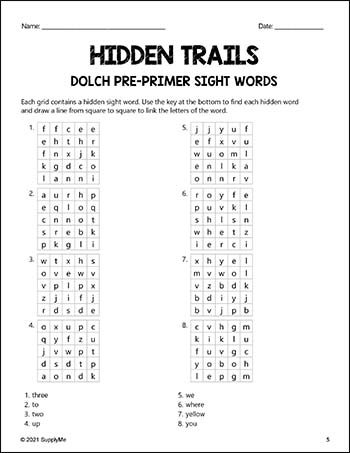 Pre-Primer Dolch Sight Words Worksheets - Hidden Trails, 2 Variations, Pre-K
