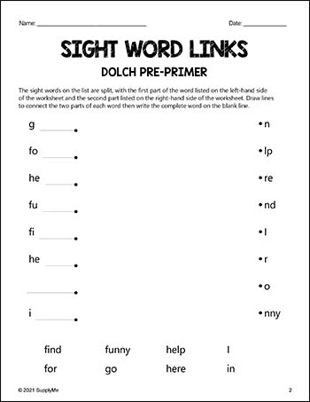 Pre-Primer Dolch Sight Words Worksheets - Word Links, Pre-K