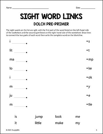 Pre-Primer Dolch Sight Words Worksheets - Word Links, Pre-K